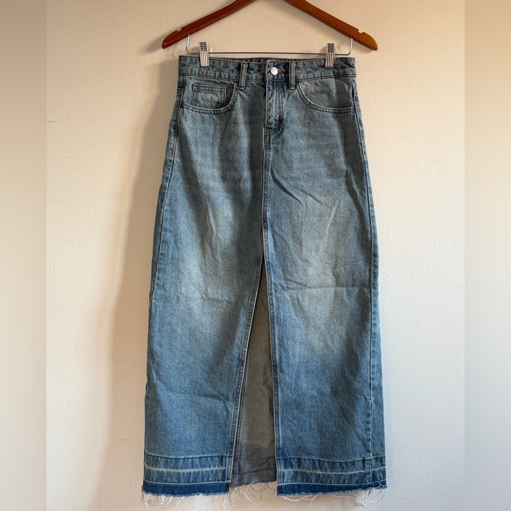 BDG Light Blue Denim Midi Skirt with Front Slit, Size Small